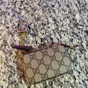 Gucci GG Supreme Canvas Beige & Brown Key Pouch with Gold Accents